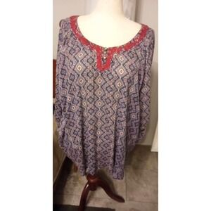 Catherines 4X Boho Print Poncho Top Red Lace Neck‎ Detail Tunic